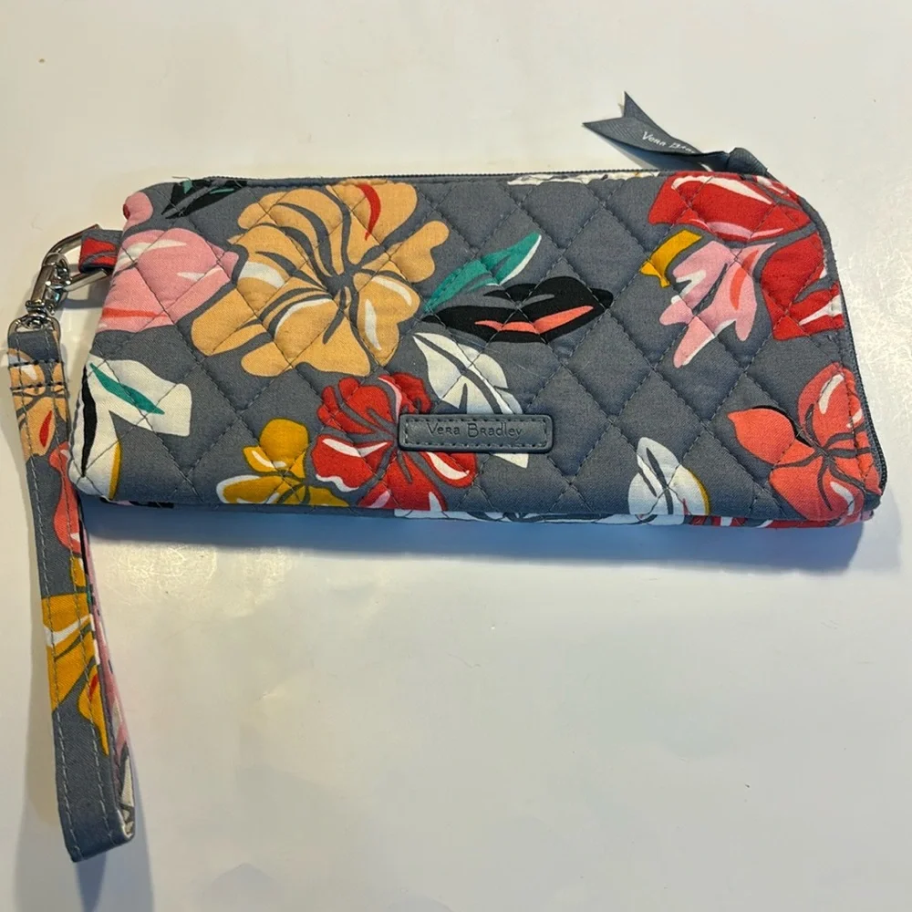 Vera Bradley wristlet floral motif grey clear back pocket